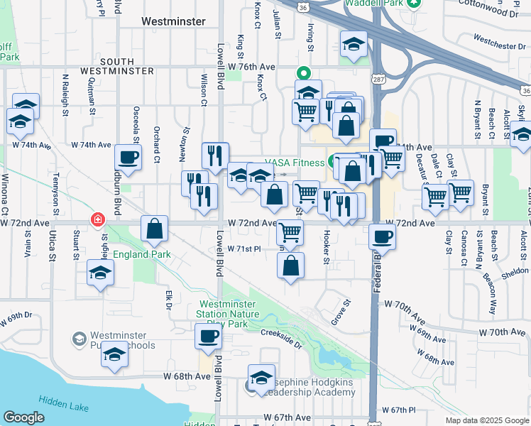 map of restaurants, bars, coffee shops, grocery stores, and more near 3489 West 72nd Avenue in Westminster