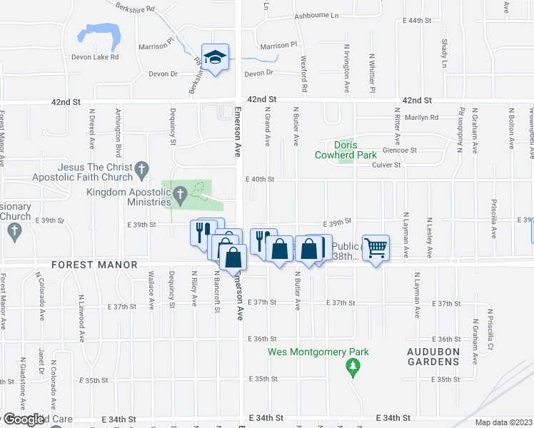 map of restaurants, bars, coffee shops, grocery stores, and more near 3912 North Grand Avenue in Indianapolis