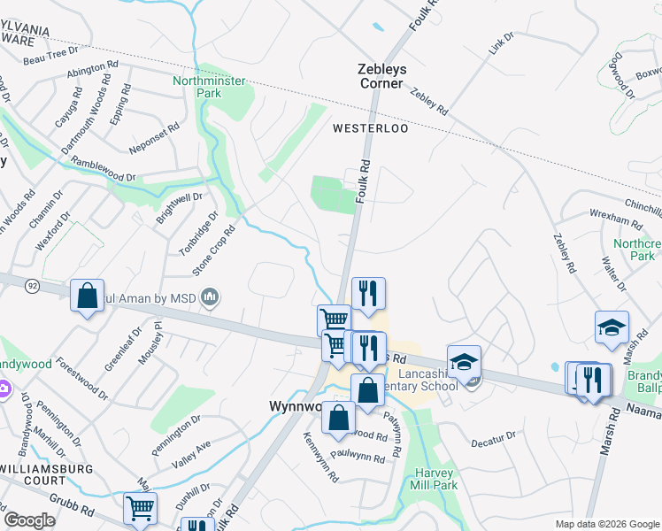 map of restaurants, bars, coffee shops, grocery stores, and more near 3 Birch Knoll Rd in Wilmington
