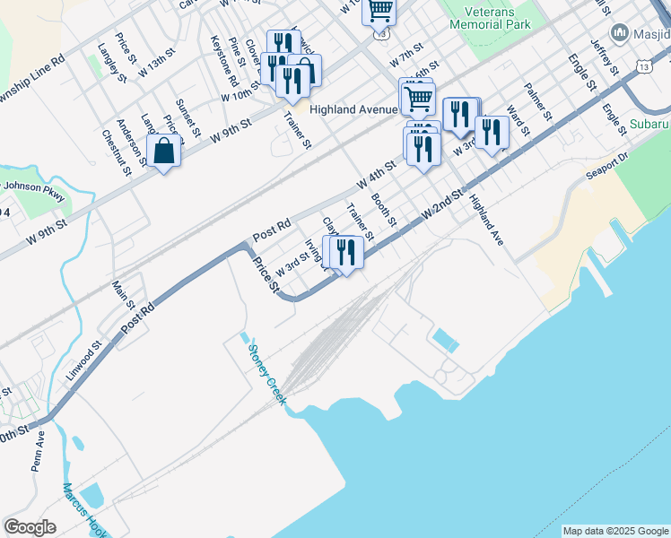 map of restaurants, bars, coffee shops, grocery stores, and more near 207 Irving Street in Trainer