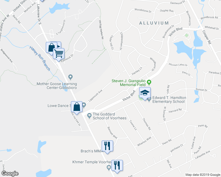 map of restaurants, bars, coffee shops, grocery stores, and more near 19 Lippincott Avenue in Voorhees Township
