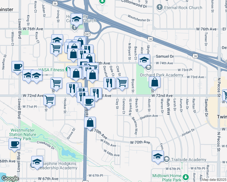 map of restaurants, bars, coffee shops, grocery stores, and more near 2781 Eliot Circle in Westminster