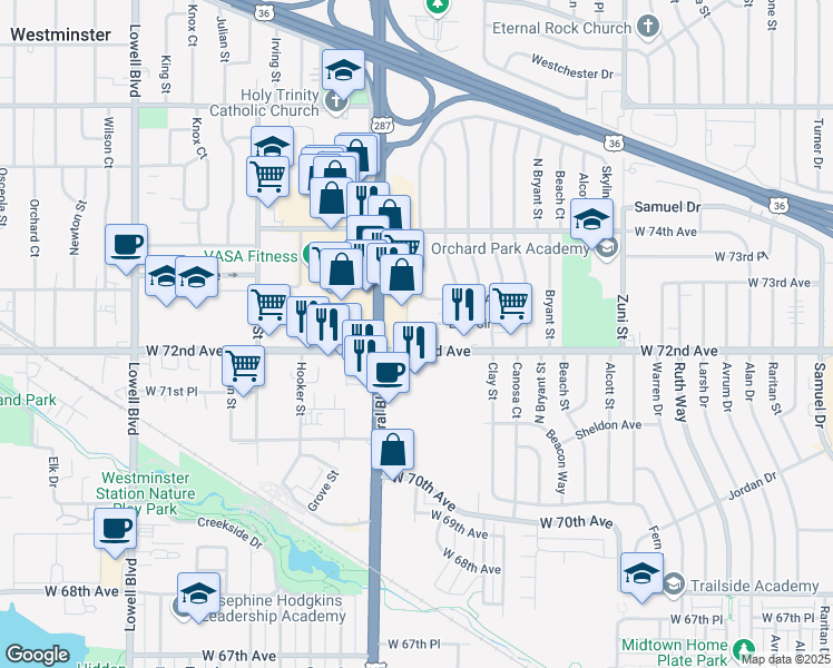 map of restaurants, bars, coffee shops, grocery stores, and more near 7206 U.S. 287 in Westminster