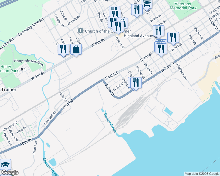 map of restaurants, bars, coffee shops, grocery stores, and more near 3508 West 3rd Street in Marcus Hook