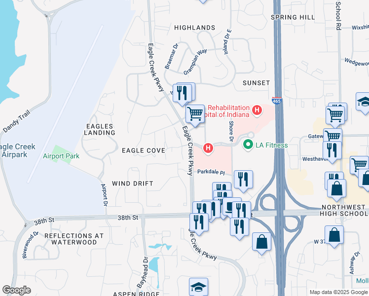 map of restaurants, bars, coffee shops, grocery stores, and more near 4040 Gamay Lane in Indianapolis