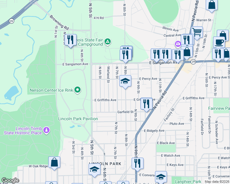map of restaurants, bars, coffee shops, grocery stores, and more near 2033 North 7th Street in Springfield
