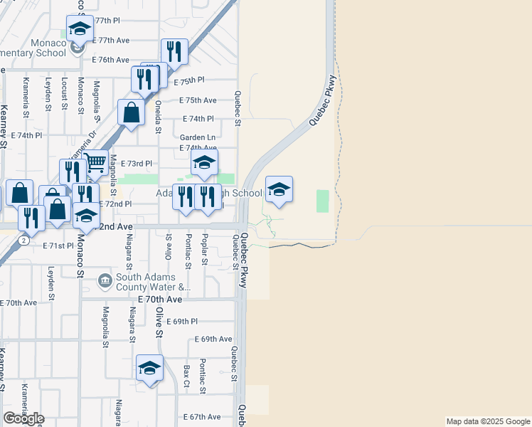 map of restaurants, bars, coffee shops, grocery stores, and more near 7200 Quebec Parkway in Commerce City