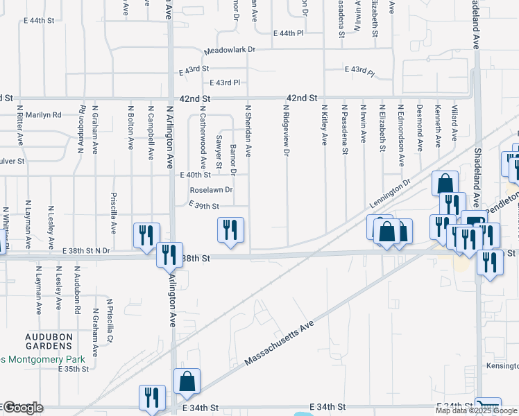 map of restaurants, bars, coffee shops, grocery stores, and more near 3877 North Sheridan Avenue in Indianapolis