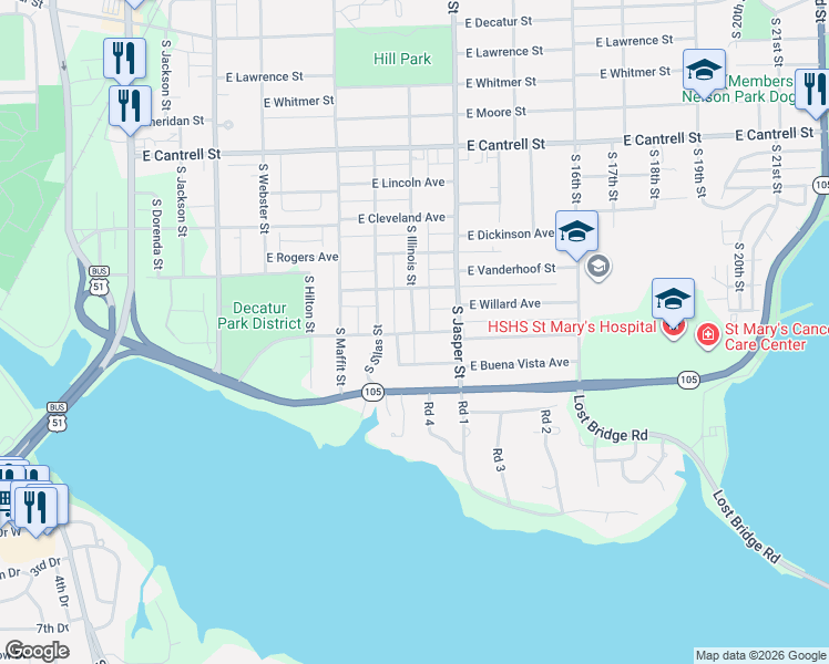 map of restaurants, bars, coffee shops, grocery stores, and more near 1000-1048 East Riverside Avenue in Decatur