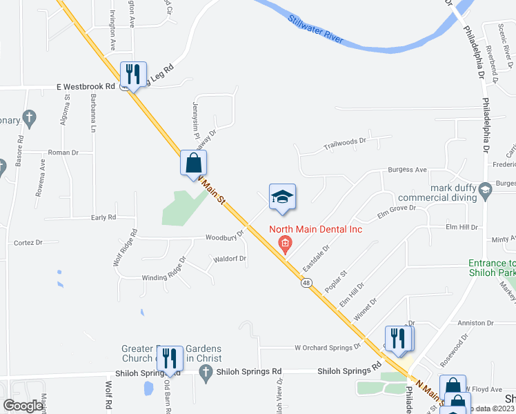 map of restaurants, bars, coffee shops, grocery stores, and more near 77 East Woodbury Drive in Dayton