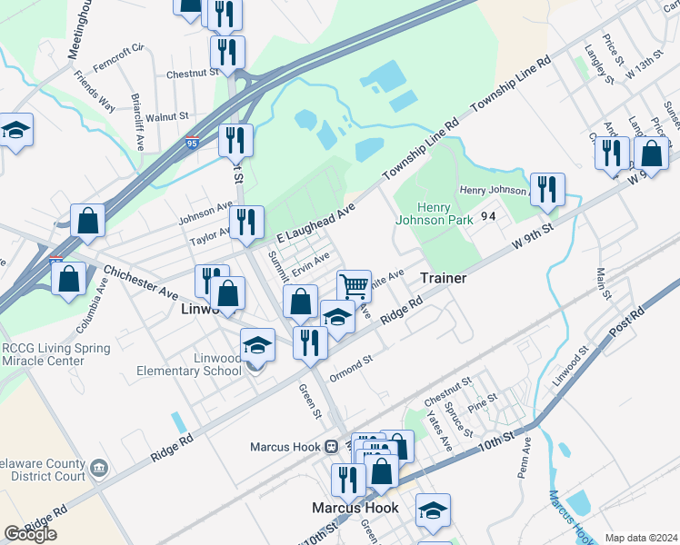 map of restaurants, bars, coffee shops, grocery stores, and more near 163 Chadwick Avenue in Marcus Hook