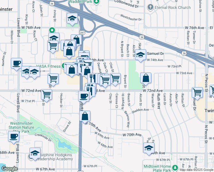 map of restaurants, bars, coffee shops, grocery stores, and more near 2781 Eliot Circle in Westminster