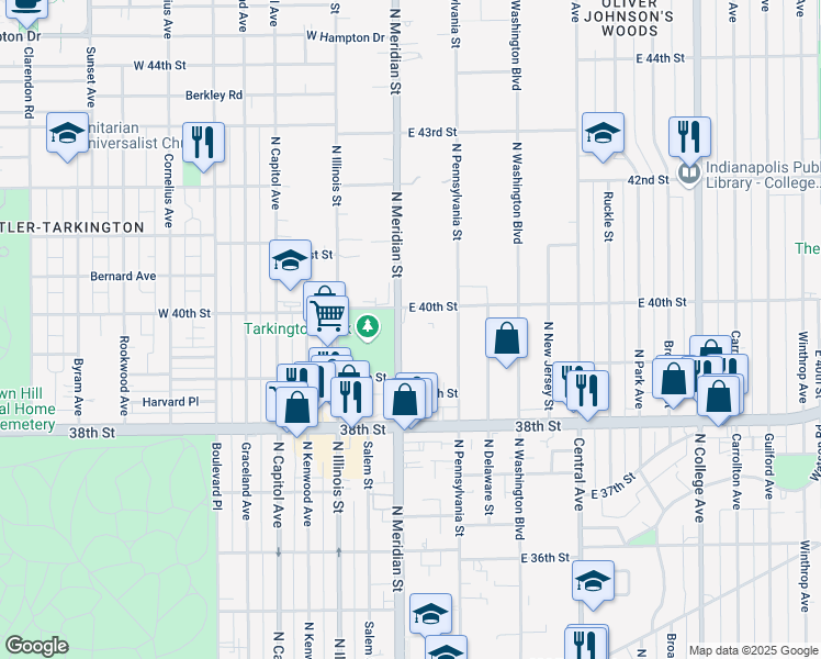 map of restaurants, bars, coffee shops, grocery stores, and more near 3951 North Meridian Street in Indianapolis