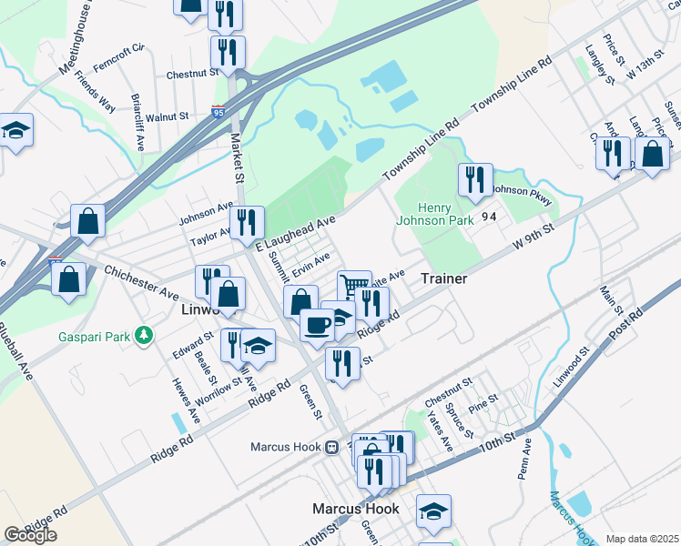 map of restaurants, bars, coffee shops, grocery stores, and more near 163 Chadwick Avenue in Marcus Hook