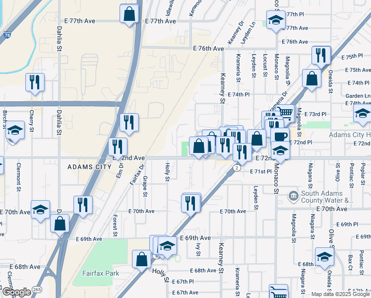 map of restaurants, bars, coffee shops, grocery stores, and more near 5721 East 72nd Avenue in Commerce City