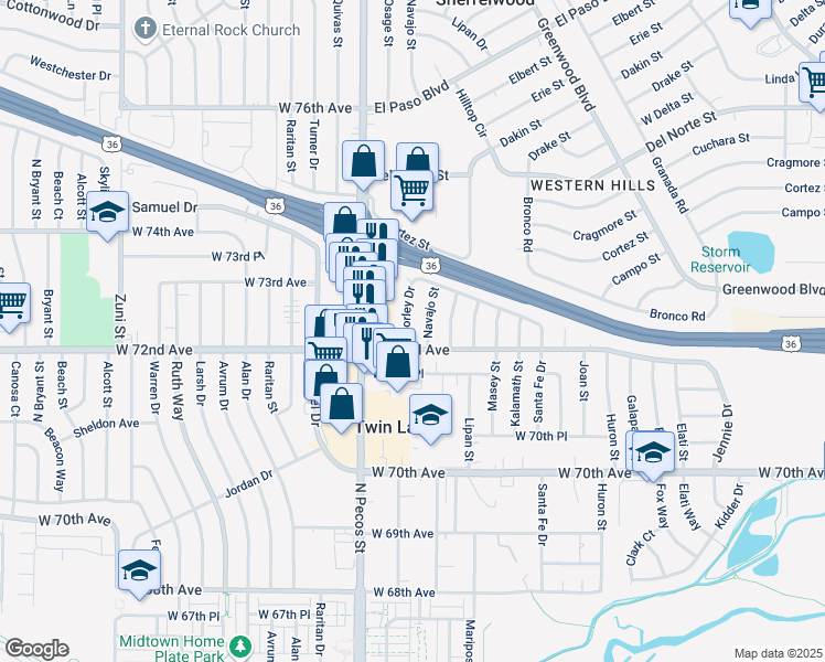 map of restaurants, bars, coffee shops, grocery stores, and more near 7222 Worley Drive in Denver