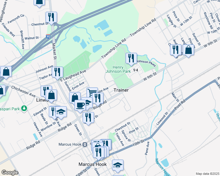 map of restaurants, bars, coffee shops, grocery stores, and more near 307 White Ave in Marcus Hook