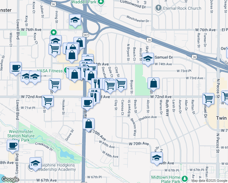 map of restaurants, bars, coffee shops, grocery stores, and more near 2781 Eliot Circle in Westminster