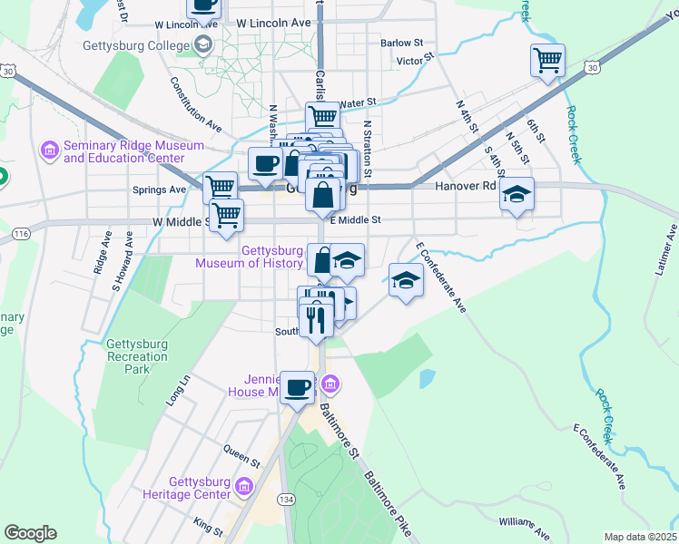 map of restaurants, bars, coffee shops, grocery stores, and more near 31 Wall Alley in Gettysburg