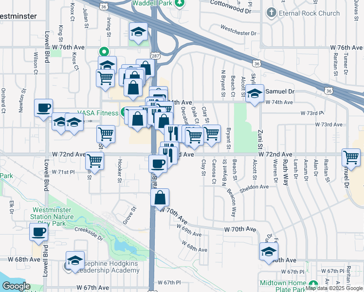 map of restaurants, bars, coffee shops, grocery stores, and more near 2871 Eliot Circle in Westminster