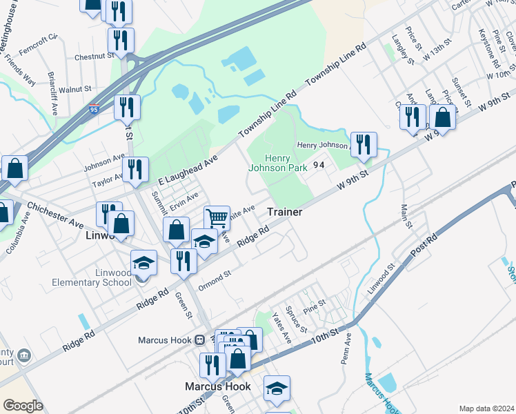map of restaurants, bars, coffee shops, grocery stores, and more near 307 White Ave in Marcus Hook
