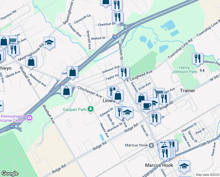 map of restaurants, bars, coffee shops, grocery stores, and more near 1649 Huddell Avenue in Marcus Hook