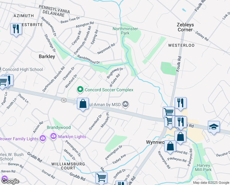 map of restaurants, bars, coffee shops, grocery stores, and more near 2602 Tonbridge Drive in Wilmington