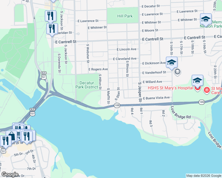 map of restaurants, bars, coffee shops, grocery stores, and more near 900-998 East Riverside Avenue in Decatur