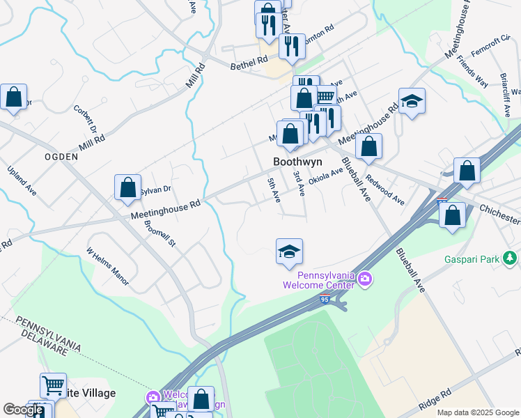 map of restaurants, bars, coffee shops, grocery stores, and more near 1827 Okiola Avenue in Boothwyn