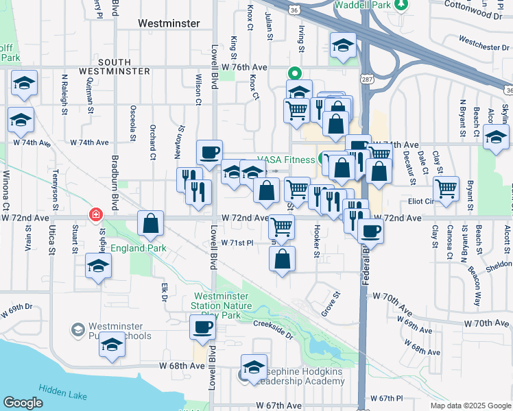 map of restaurants, bars, coffee shops, grocery stores, and more near 3489 West 72nd Avenue in Westminster