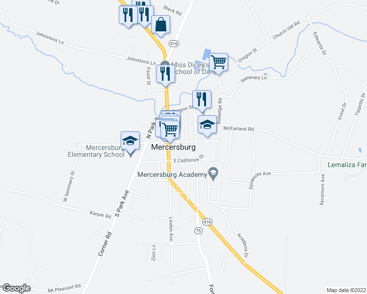map of restaurants, bars, coffee shops, grocery stores, and more near 30 East Seminary Street in Mercersburg