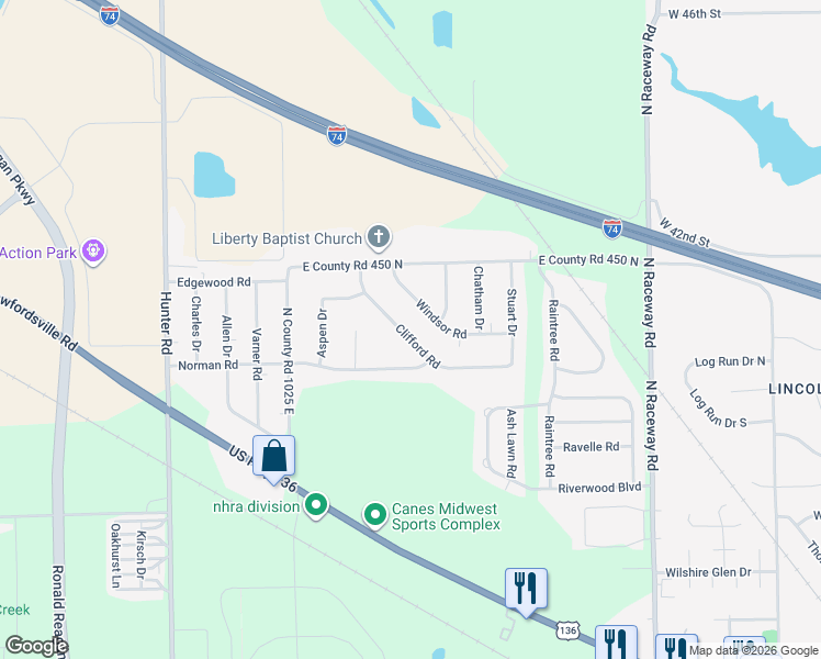 map of restaurants, bars, coffee shops, grocery stores, and more near 4383 Clifford Road in Indianapolis
