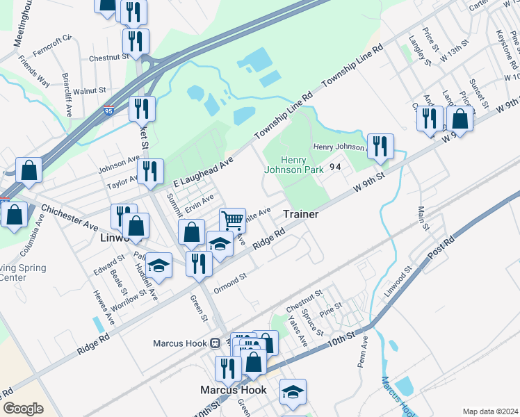map of restaurants, bars, coffee shops, grocery stores, and more near 238 White Avenue in Linwood