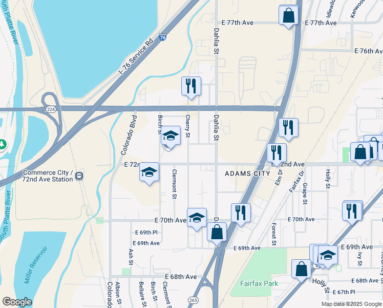 map of restaurants, bars, coffee shops, grocery stores, and more near 7252 Cherry Street in Commerce City