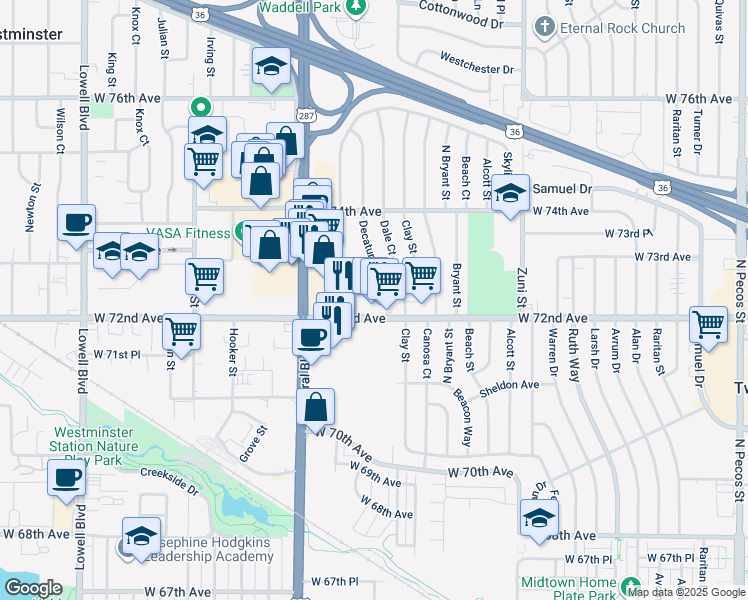 map of restaurants, bars, coffee shops, grocery stores, and more near 2871 Eliot Circle in Westminster
