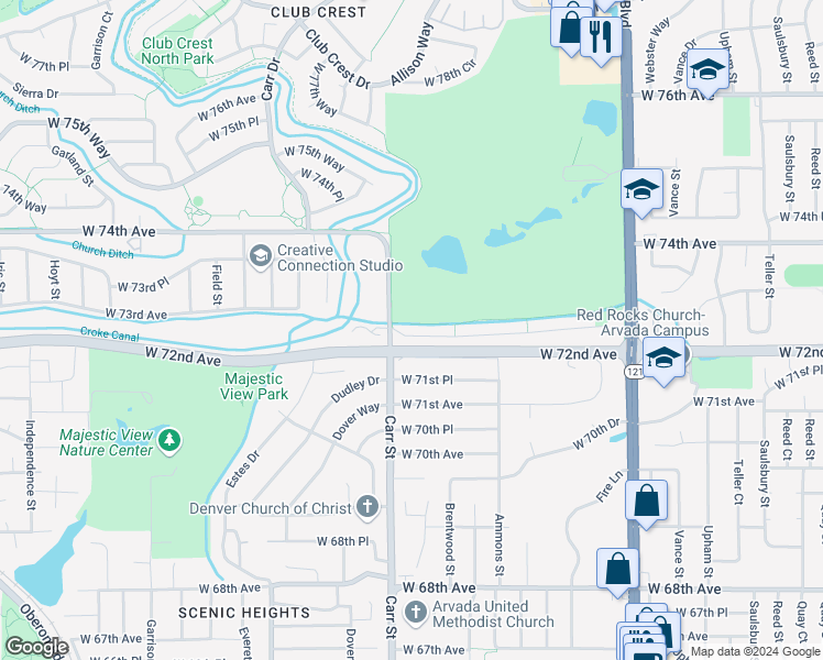 map of restaurants, bars, coffee shops, grocery stores, and more near 8311 West 72nd Place in Arvada