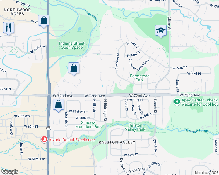 map of restaurants, bars, coffee shops, grocery stores, and more near 7235 Devinney Court in Arvada