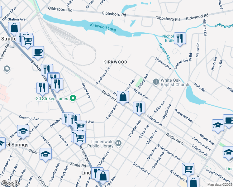 map of restaurants, bars, coffee shops, grocery stores, and more near 301 North Carlton Street in Clementon