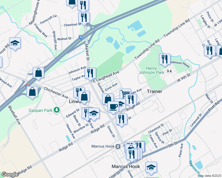 map of restaurants, bars, coffee shops, grocery stores, and more near 129 Ervin Avenue in Linwood