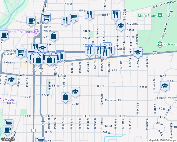 map of restaurants, bars, coffee shops, grocery stores, and more near 54 South 15th Street in Richmond