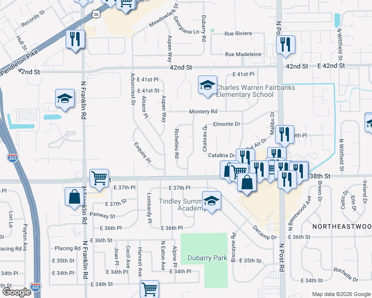 map of restaurants, bars, coffee shops, grocery stores, and more near 3903 Marseille Road in Indianapolis