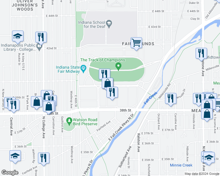 map of restaurants, bars, coffee shops, grocery stores, and more near 1202 East 38th Street in Indianapolis