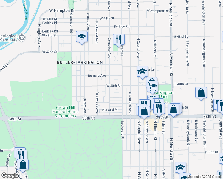 map of restaurants, bars, coffee shops, grocery stores, and more near 3958 Cornelius Avenue in Indianapolis