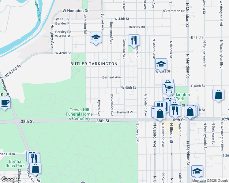 map of restaurants, bars, coffee shops, grocery stores, and more near 3947 Rookwood Avenue in Indianapolis