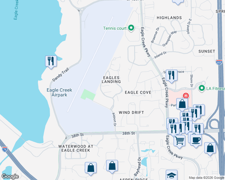 map of restaurants, bars, coffee shops, grocery stores, and more near 4114 Waterthrush Drive in Indianapolis