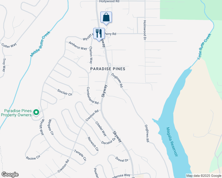 map of restaurants, bars, coffee shops, grocery stores, and more near 14360 Skyway in Magalia