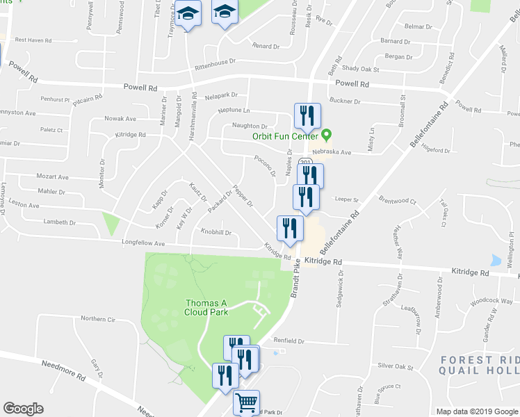 map of restaurants, bars, coffee shops, grocery stores, and more near 5106 Pepper Drive in Dayton