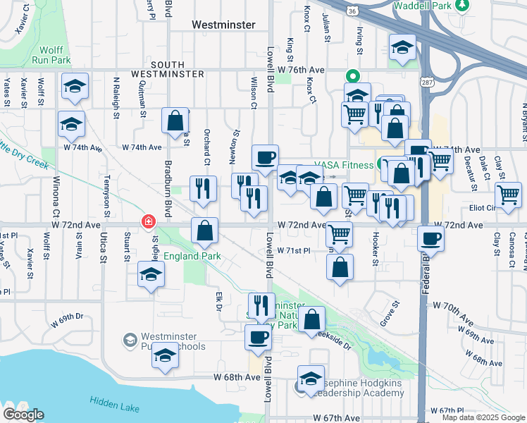 map of restaurants, bars, coffee shops, grocery stores, and more near in Westminster