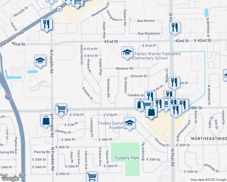 map of restaurants, bars, coffee shops, grocery stores, and more near 3903 Marseille Road in Indianapolis