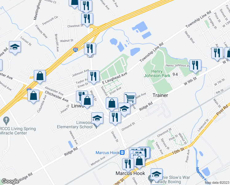 map of restaurants, bars, coffee shops, grocery stores, and more near 129 Ervin Avenue in Linwood